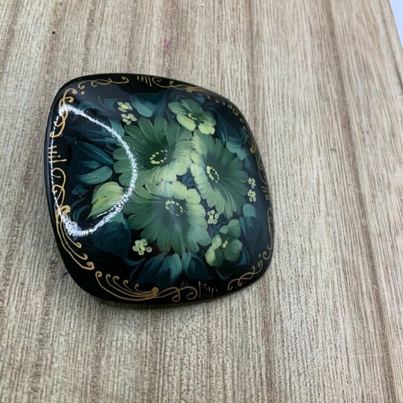 Russian Vintage Square Hand Painted Floral Themed Brooch Pin - Picture 3 of 8